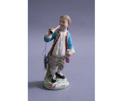 AN 18TH CENTURY DERBY FIGURE, modelled as boy playing horn, on naturalistic base with gilt scroll highlights, patch marks and