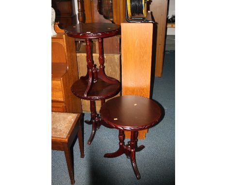 THREE MODERN MAHOGANY EFFECT CIRCULAR TRIPOD TABLES