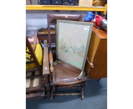 AN AMERICAN ROCKING CHAIR, rosewood framed mirror and a firescreen (sd) (3)