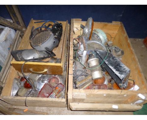 THREE BOXES OF VINTAGE AUTOMOTIVE PARTS, including headlamps, tail lights, etc