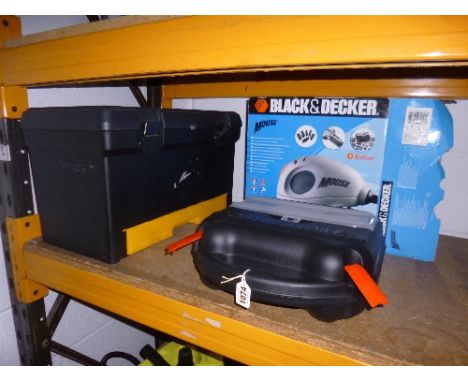 A BLACK AND DECKER MOUSE SANDER, and a plastic tool box with contents