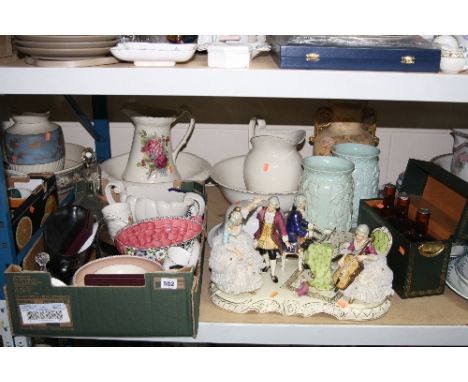 A LARGE DRESDEN LACEWORK FIGURE GROUP, (arm loose on one figure and some lacework missing), together with various jugs, bowls