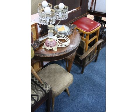 A HALL TABLE, a small chair, three stools, an oak framed barometer, table lamp, etc (9)
