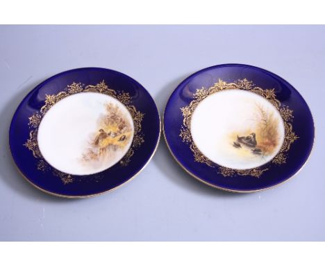 TWO ROYAL WORCESTER CABINET PLATES, 'Grouse' and 'Water-Hen' by Johnson, puce factory marks, diameters approximately 23.5cm (