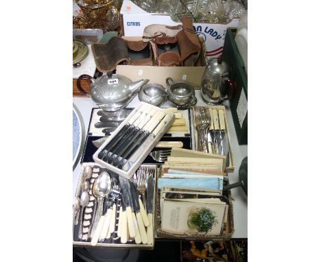 VARIOUS SUNDRIES, to include postcards, cutlery, cameras, four piece 'Warric' pewter tea service etc