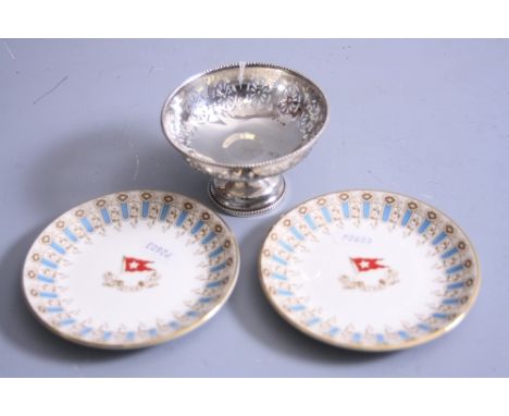 A SILVER TAZZA, having pierced sides under beaded rim and weighted foot, Birmingham 1921 inscribed R M S Baltic, sold with a 