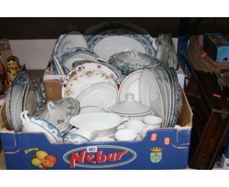 TWO BOXES OF DINNERWARES, and a wooden cutlery tray, to include Worcester 'Ensign' etc