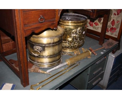 A QUANTITY OF BRASSWARE, firescreen and two distressed bedroom chairs (10)
