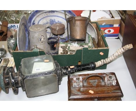 A COACH LAMP, INKSTAND, a box of various sundries, to include blue and white platters, cutlery, metalware etc