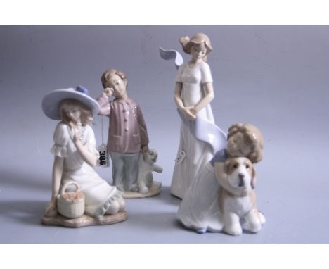 FOUR NAO FIGURES, to include tired child with Teddy, girl with dog, young woman with basket of flowers (s.d.) and young woman