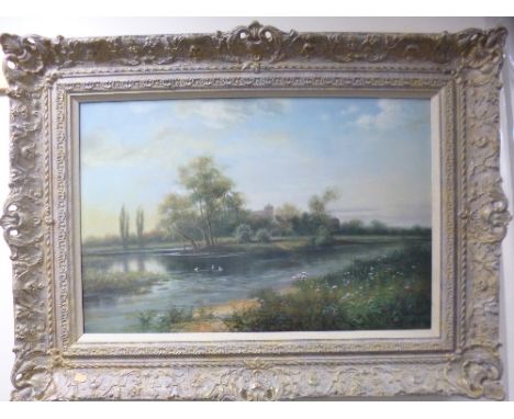 K. ADAMS, COUNTRY RIVER LANDSCAPE, with church behind river, oil on canvas, signed lower right, approximately 50cm x 75cm