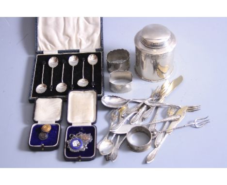 SILVER, to include lidded cannister 1910-1935 inscribed from Auntie & Nell to base, Birmingham 1934, approximately 10cm high,