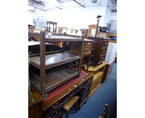 AN OAK SEWING BOX, with cross stretcher and a single drawer, an oak stool, tea trolley, pine three drawer bedside cabinet, ca