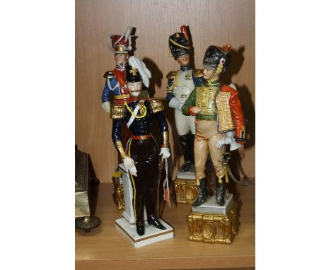 A SITZENDORF FIGURE, 'ENGL-OFFICER 1815', (chip to base), together with three Capodimonte Napoleonic figures (two have been r