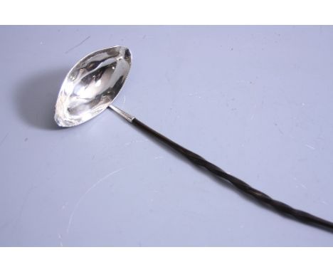 A SILVER LADLE, monogrammed ME and inscribed 'Bint' to bowl with bent turned handle, Sheffield 1909, approximately 36cm long 