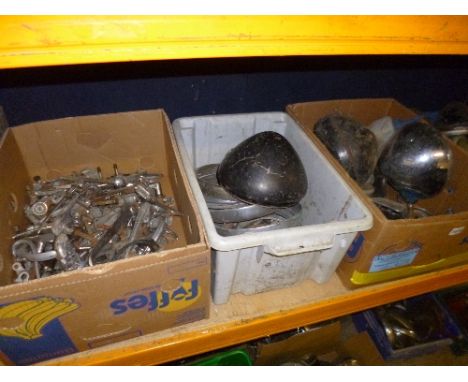 THREE BOXES OF VINTAGE AUTOMOTIVE PARTS, including King Road Headlamps, Austin and Morris chromework