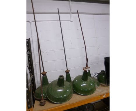 SIX INDUSTRIAL HANGING LIGHTS, all with green enamel shades and four with original hanging rods (sd)
