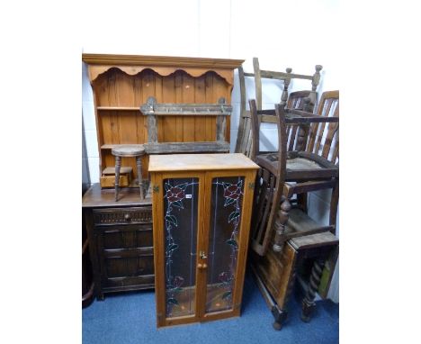 AN OAK SIDEBOARD, with two drawers, an oak gate leg table and four chairs, a pine glazed two door bookcase, stick stand, etc 