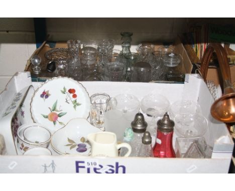 TWO BOXES OF GLASS AND CERAMICS, to include Worcester 'Evesham' Spode 'Stafford Flowers' etc