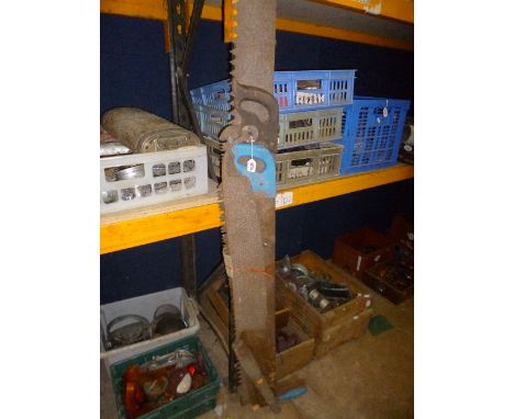 A LARGE VINTAGE TWO MAN SAW, two smaller two man saws, etc (4)