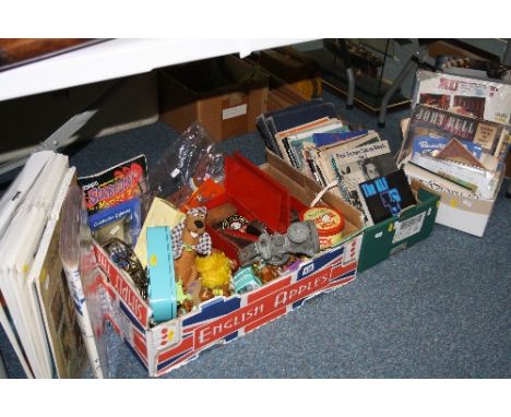 THREE BOXES AND LOOSE SUNDRIES, to include bicycle lamp, magazines, sheet music, Scooby Doo toys, records, calendars, picture