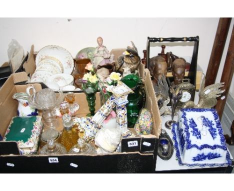 TWO BOXES AND LOOSE CERAMICS, GLASS, CURTAIN POLES, CROOKED STICK, METALWARE, etc, to include a pair of faience candlesticks,