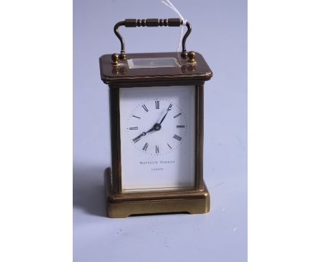 A MATTHEW NORMAN, LONDON BRASS CARRIAGE CLOCK, original case, 11cm, instructions, key