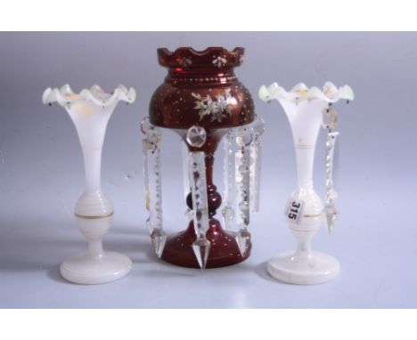 A PAIR OF OPALINE GLASS TABLE LUSTRES, gilt decorated wavy rims, missing glass drops, height approximately 24cm, together wit