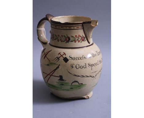 A 19TH CENTURY PEARLWARE JUG, inscribed Succefs to the Farmer & God Speed the Plough and decorated with wheat and farming too