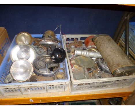 TWO TRAYS OF VINTAGE AUTOMOTIVE PARTS, including Lucas headlamps, etc