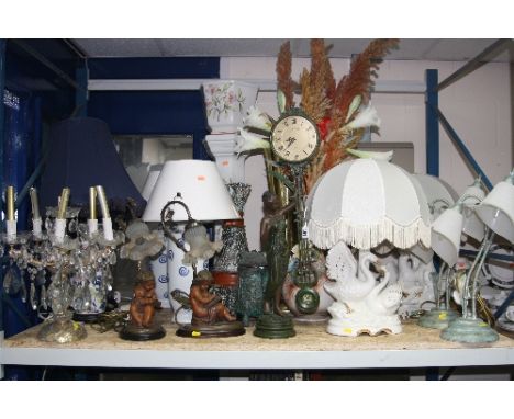 A JULIANA TIMEPIECE, a pair of of cherub table lamps, a table top chandelier lamp and a quantity other lamps, jardinieres, st