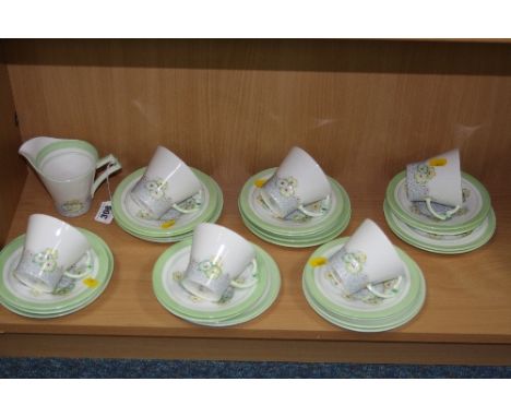 ROYAL ALBERT CROWN CHINA  ART DECO 1920'S/30'S TEAWARES, 'Rockery' Reg No.794026, comprising milk jug, six cups, twelve sauce
