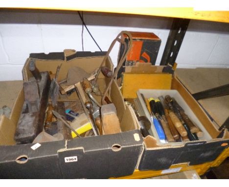 TWO BOXES CONTAINING A QUANTITY OF VINTAGE HAND TOOLS, including two rosewood and brass scribes stamped Melhuish, Fetter Lane