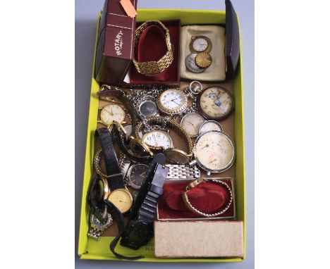 A TRAY OF MIXED WATCHES, to include a metal cased novelty 'Donald Duck' pocket watch, Rotary, etc