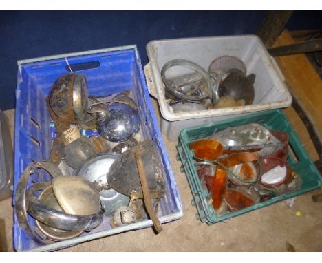 THREE BOXES OF VINTAGE AUTOMOTIVE PARTS, including Raydyot and Lucas headlamps and tail lights