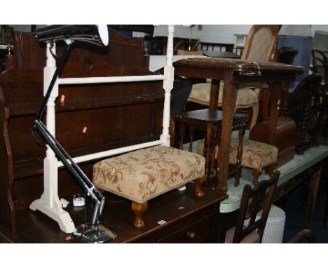 AN OAK NEST OF THREE TABLES, a pair of footstools, linen box, towel rail, angle poise lamp, etc (8)