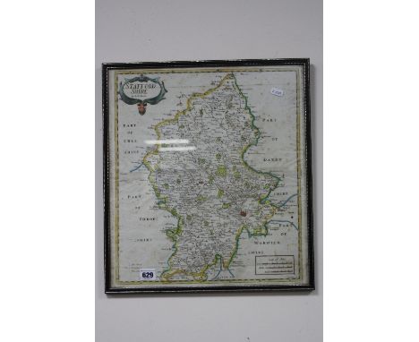 A FRAMED MAP OF STAFFORDSHIRE, by R. Morden, approximately 44cm high x 39cm wide
