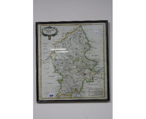 A FRAMED MAP OF STAFFORDSHIRE, by R. Morden, approximately 44cm high x 39cm wide