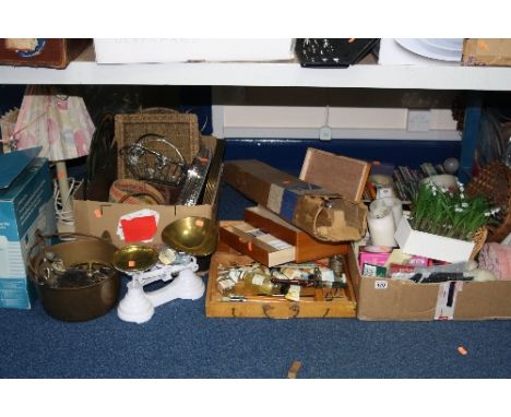 THREE BOXES AND LOOSE SUNDRY ITEMS, to include scales and weights, jam pan, artists materials, paper shredder, c.d's, candles