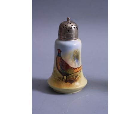 A LOCKE & CO ROYAL WORCESTER SUGAR SIFTER, decorated with hand painted Pheasant signed by H. Wall, printed backstamps, height