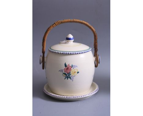 A POOLE POTTERY BISCUIT BARREL, shape No.230, with stand (2)