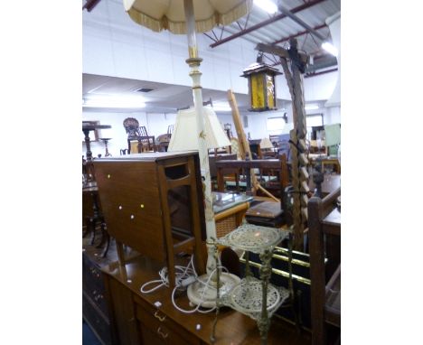 A PAINTED ORIENTAL STYLE STANDARD LAMP, with shade, brass two tier stand and a magazine rack (3)