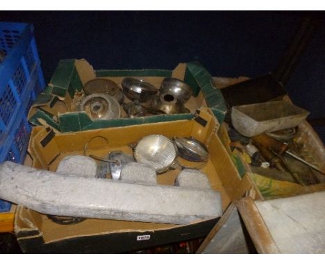 THREE TRAYS OF VINTAGE AUTOMOTIVE PARTS, including Lucas head lamps, etc