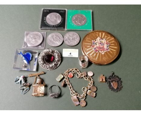 Gilt metal compact, commemorative coins and bag of costume jewellery