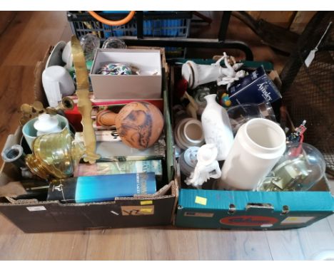 Two boxes of ornaments, books, brassware and perpetual motion mantle clock
