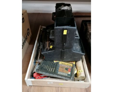 Box of drill bits, miscellaneous tools, and storage rack
