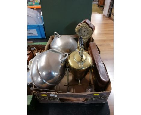 A box of brass spirit kettle, white metal ladle, cased travel set, and Art Nouveau mantle clock 