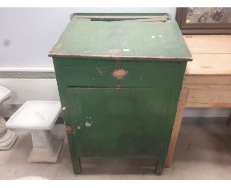 A green painted tool chest with sloping desk top 