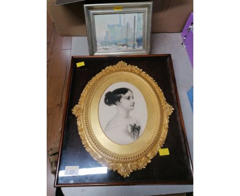 A small oil on board of a power station together with a gilt framed portrait of a lady