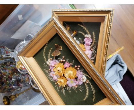 Box of decorative glassware, including Swarovski and an Edinburgh Crystal mantle clock, plus two framed flower dioramas